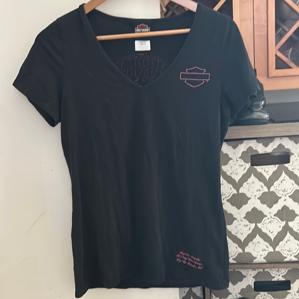Harley Davidson black /purple short sleeve women’s peek a boo top  X-Large